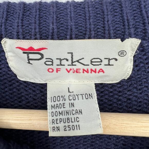 Vtg Parker of Vienna Sweater Crew Neck Cotton Mens L Navy Blue White Nautical - Picture 4 of 7